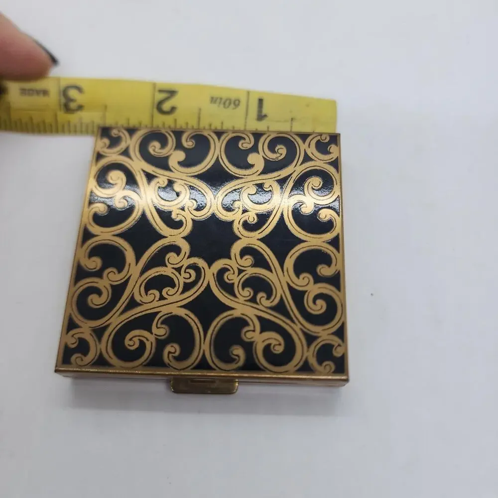 Vintage Volupte Black Gold Scroll Powder Compact Mirror Puff Unused Orig Card